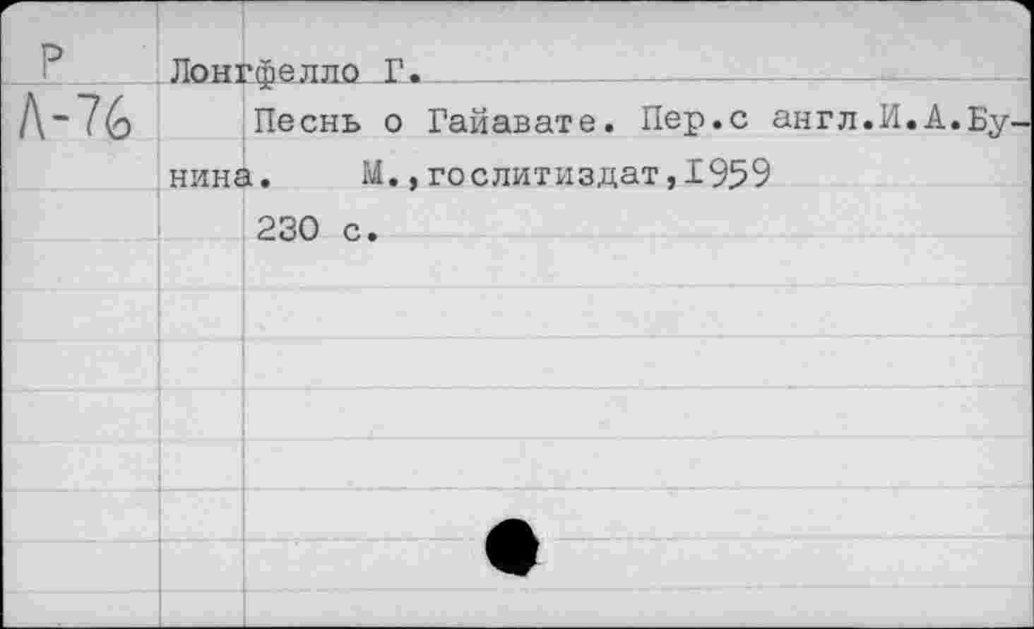 ﻿р	Лонгфелло Г.
Л-76	Песнь о Гайавате. Пер.с англ.И
	нина.	М.,Гослитиздат,1959
	230 с.
	
	
	
	
	
	
	
	
А. Бу.